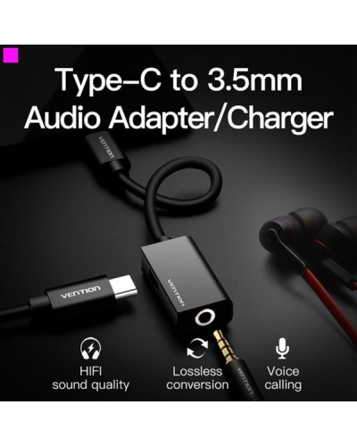 აუდიო კაბელი VENTION BGGBA Type-C to 3.5mm Audio Cable with Type-C Power Supply 0.1M Metal Type Black