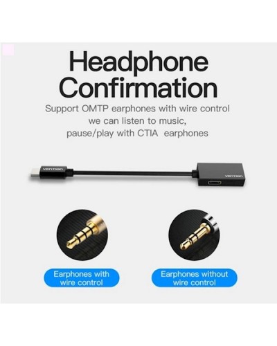 აუდიო კაბელი VENTION BGGBA Type-C to 3.5mm Audio Cable with Type-C Power Supply 0.1M Metal Type Black