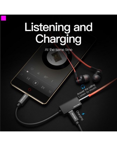 აუდიო კაბელი VENTION BGGBA Type-C to 3.5mm Audio Cable with Type-C Power Supply 0.1M Metal Type Black