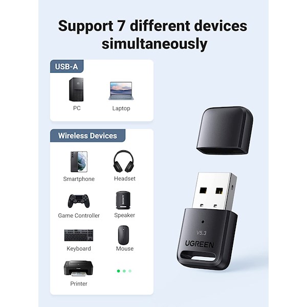 Bluetooth ადაპტერი UGREEN CM591 (90225), USB Bluetooth 5.3 Adapter, Black