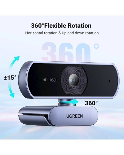 ვებკამერა UGREEN 15728, 2Mp, FHD, Built-in Microphone, Webcam, Gray/Black