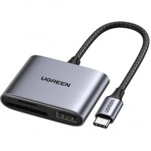 ბარათის წამკითხველი UGREEN CM387 (80798), USB-C to SD/TF + USB 2.0 Memory Card Reader, Grey