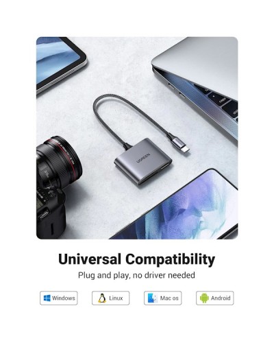 ბარათის წამკითხველი UGREEN CM387 (80798), USB-C to SD/TF + USB 2.0 Memory Card Reader, Grey