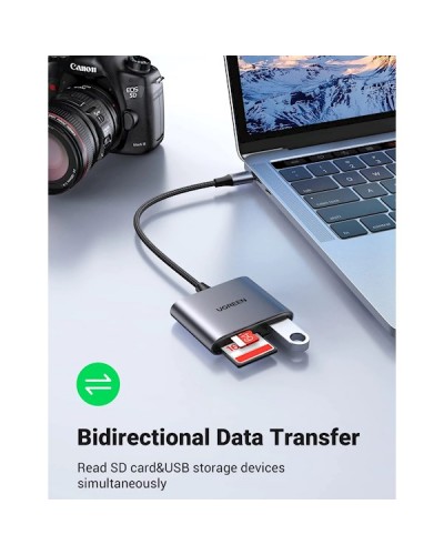 ბარათის წამკითხველი UGREEN CM387 (80798), USB-C to SD/TF + USB 2.0 Memory Card Reader, Grey