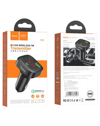 მანქანის დამტენის ადაპტერი HOCO FM transmitterE59 Promise QC3.0 car BT FM transmitterblack
