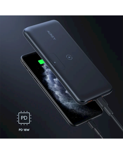 პორტატული დამტენი Aukey PB-WL02, 10000mAh, Type-C, USB-А, Power Bank, Black