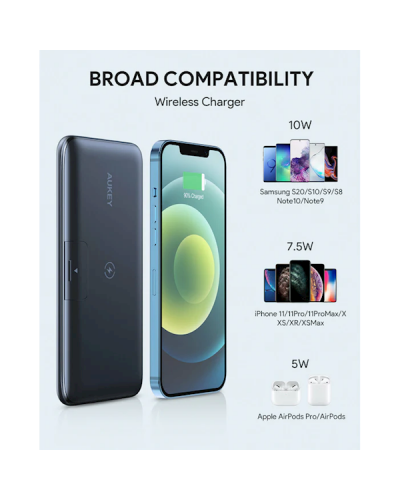 პორტატული დამტენი Aukey PB-WL02, 10000mAh, Type-C, USB-А, Power Bank, Black