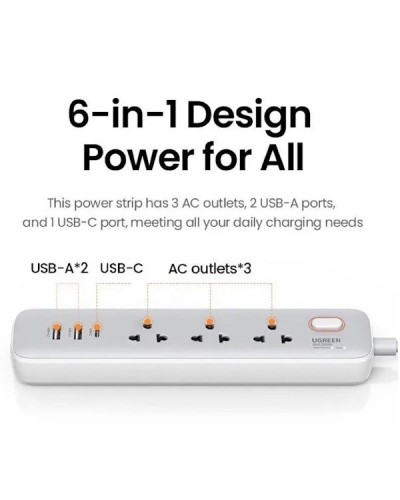 დენის გამანაწილებელი UGREEN CD286 (15143), 30W, 3 Socket, USB-A, USB-C, 1.5m, White