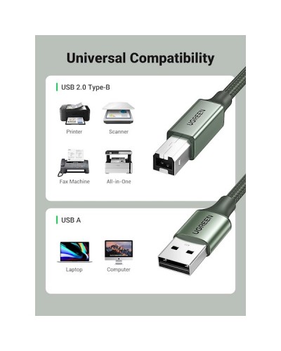 პრინტერის კაბელი UGREEN 90817, USB-A To USB-B, Printer Cable, 3m, Green