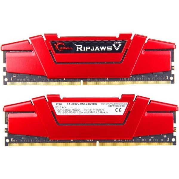 ოპერატიული მეხსიერება G.SKILL Ripjaws V Series (Intel XMP) DDR4 RAM 32GB (2x16GB) 3600MT/s CL19-20-20-40 1.35V Desktop Computer Memory UDIMM - Red (F4-3600C19D-32GVRB)