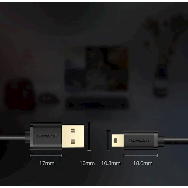 USB კაბელი UGREEN 10385 USB 2.0 A Male to Mini 5 Pin Male Cable 1.5m (Black)