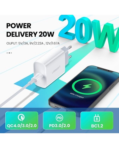 მობილურის დამტენი UGREEN CD137 (60450) Fast Charging Port USB Type C Original Power Adapter with PD 20W EU (White)