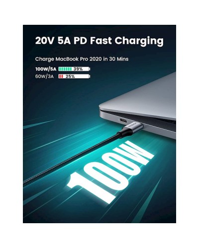 USB კაბელი UGREEN US316 (70427) 100W, USB Type-C to Type-C 100W PD Fast Charging Cable, 1m, Black