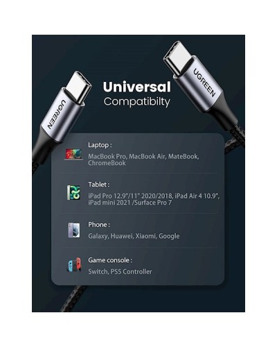 USB კაბელი UGREEN US316 (70427) 100W, USB Type-C to Type-C 100W PD Fast Charging Cable, 1m, Black