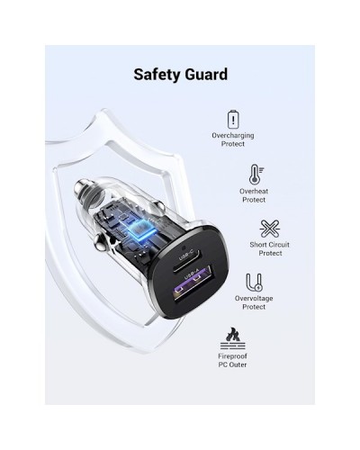 მანქანის დამტენი UGREEN 25845, 30W, USB, Type-C, USB, Black