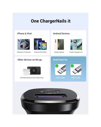მანქანის დამტენი UGREEN 25845, 30W, USB, Type-C, USB, Black