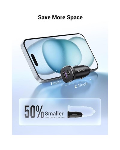 მანქანის დამტენი UGREEN 25845, 30W, USB, Type-C, USB, Black