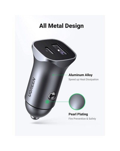 მანქანის დამტენი UGREEN CD130 (40858), 30W, USB, USB-C, Type-c, Space Gray