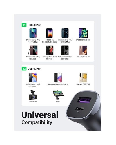 მანქანის დამტენი UGREEN CD130 (40858), 30W, USB, USB-C, Type-c, Space Gray