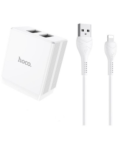 მობილურის დამტენი HOCO WALL CHARGER LIGHTNING DC01A MAX DUAL USB (LIGHTNING CABLE) WHITE