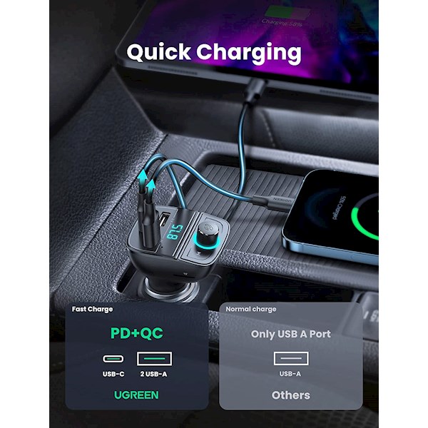 მობილურის დამტენი UGREEN CD229 (80910) Bluetooth Car Charger BT5.0, PD, QC3.0, USB Flash Drive, TF, Black