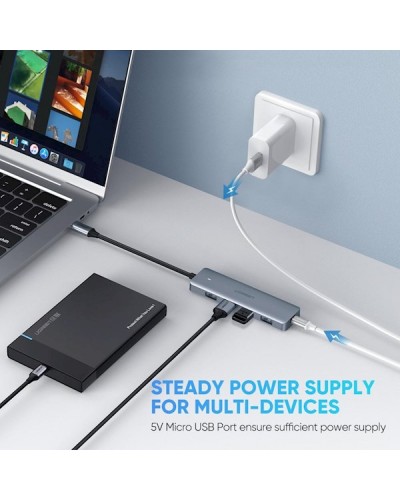 USB ჰაბი UGREEN (70336) 4-Port USB3.0, USB-C, Power Supply, Silver