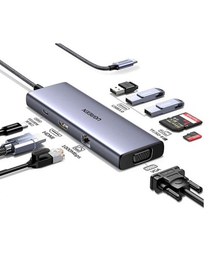 USB ჰაბი UGREEN CM498 (15600), USB-C, USB, HDMI, VGA, RJ45, SD, TF, Hub, Gray