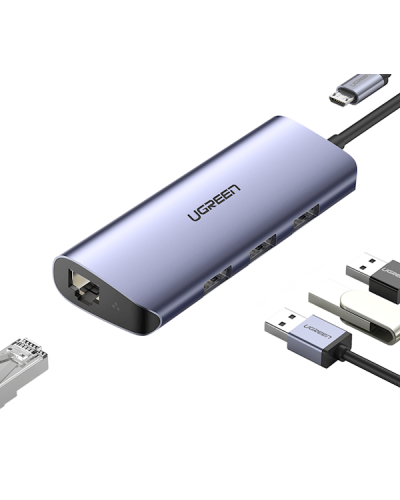 USB ჰაბი UGREEN USB HUB CM252 (60719), USB to RJ45, Micro USB, Gray