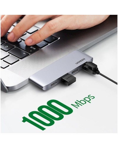 USB-C ჰაბი UGREEN CM458 (20490) Type-C Docking Station, 2xUSB3.0, HDMI, RJ45, Silver