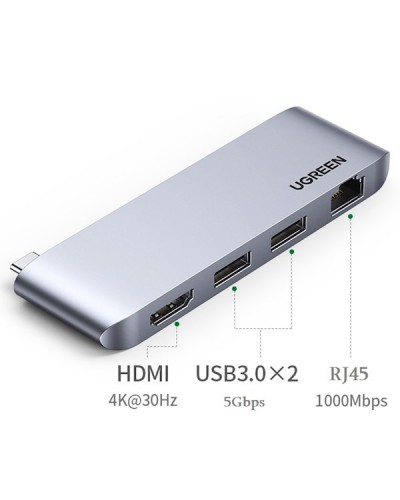 USB-C ჰაბი UGREEN CM458 (20490) Type-C Docking Station, 2xUSB3.0, HDMI, RJ45, Silver