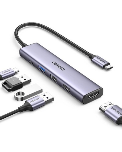 USB-C ჰაბი UGREEN CM478 (15495) Revodok 105, Type-C, USB, HDMI, PD, Hub, Grey