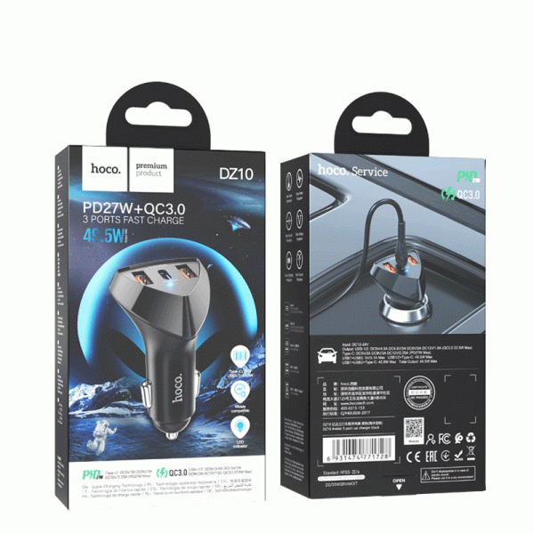 Car Charger/ Hoco DZ10 49.5W Avatar 3-port USB+Type-C PD QC3.0 Car Charger - black