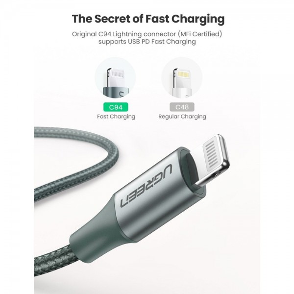 USB კაბელი UGREEN US304 (80564), 87W, MFi, USB-C to Lightning, 1m, Midnight Green