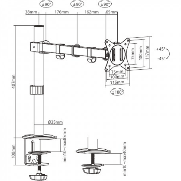 მონიტორის საკიდი: Gembird MA-D1-01 Adjustable desk display mounting arm 17"-32"