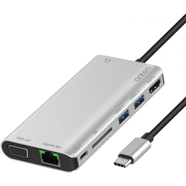 Onten 9591B USB C Hub 8 in 1 ტიპის C Hub ადაპტერი