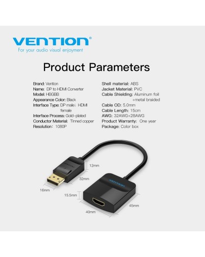 გადამყვანი Vention HBGBB DP to HDMI Converter 0.15M Black