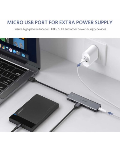 USB-C ჰაბი UGREEN CM219 (50985) 4-Port USB, Type-C Power Supply, Silver