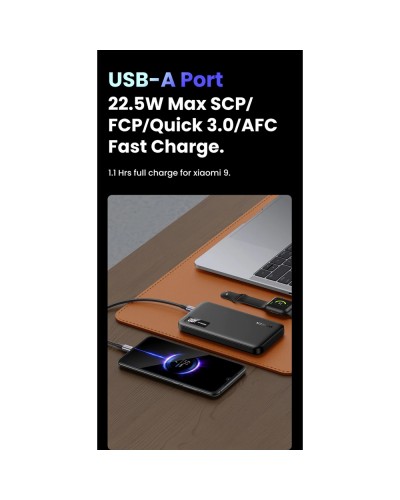 პორტატული დამტენი UGREEN PB311 (25742), 10000mAh 20W, Type-C, USB, Two-way Power Bank, Black