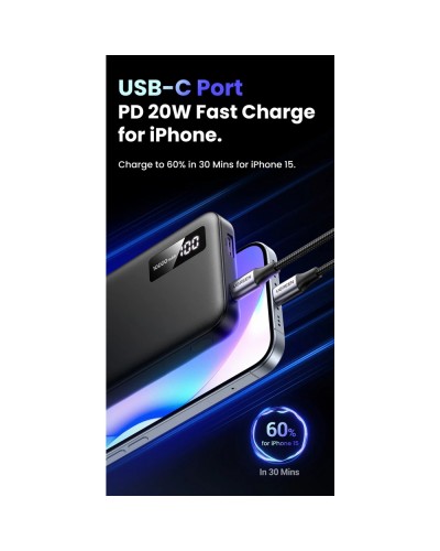 პორტატული დამტენი UGREEN PB311 (25742), 10000mAh 20W, Type-C, USB, Two-way Power Bank, Black