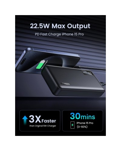 პორტატული დამტენი UGREEN PB312 (25683), 20000mAh 22.5W, Type-C, USB, Two-way Power Bank, Black