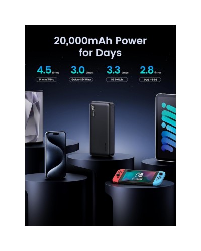 პორტატული დამტენი UGREEN PB312 (25683), 20000mAh 22.5W, Type-C, USB, Two-way Power Bank, Black