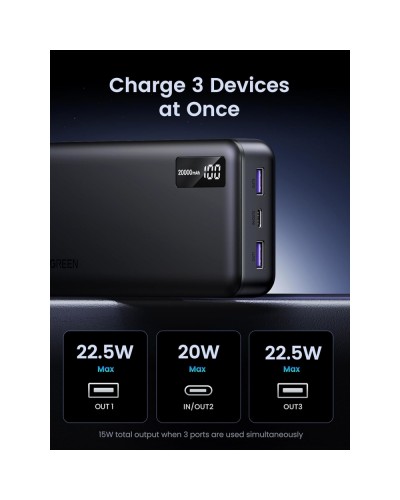 პორტატული დამტენი UGREEN PB312 (25683), 20000mAh 22.5W, Type-C, USB, Two-way Power Bank, Black