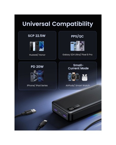 პორტატული დამტენი UGREEN PB312 (25683), 20000mAh 22.5W, Type-C, USB, Two-way Power Bank, Black