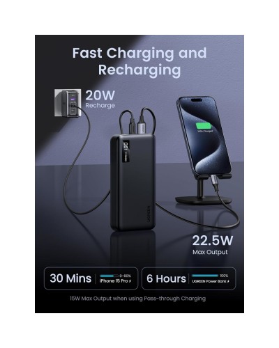 პორტატული დამტენი UGREEN PB312 (25683), 20000mAh 22.5W, Type-C, USB, Two-way Power Bank, Black