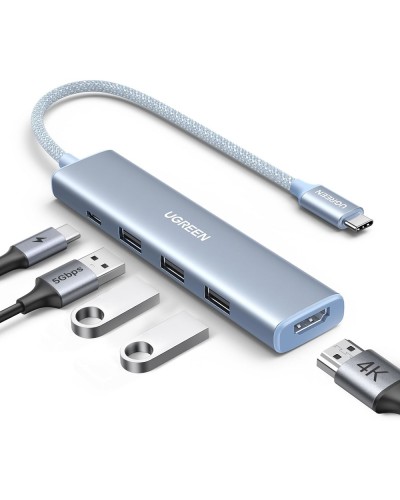 USB-C ჰაბი UGREEN CM478 (35581), USB, Type-C, HDMI, HUB, Blue