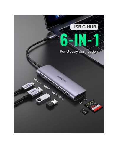 USB-C ჰაბი UGREEN CM195 (70411) Type-C , USB 3.0, HDMI, TF/SD, PD, Gray