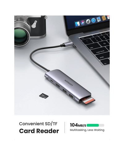 USB-C ჰაბი UGREEN CM195 (70411) Type-C , USB 3.0, HDMI, TF/SD, PD, Gray