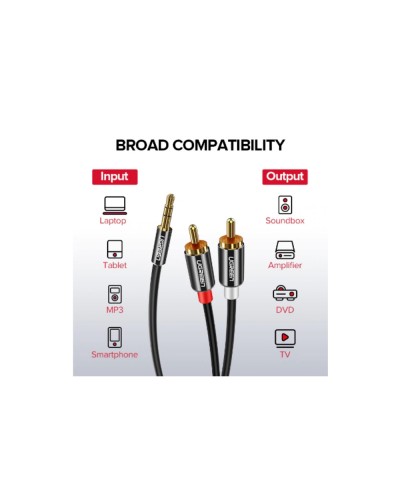 აუდიო კაბელი UGREEN AV116 (10590) 3.5mm to 2 RCA audio cable adapter male to male 3.5mm Audio Line to dual lotus head line 2 rca Aux Audio Cable 3m (Black)