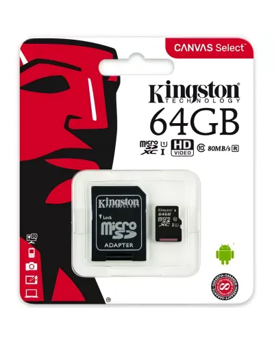 მეხსიერების ბარათი Kingston 64GB microSDXC Canvas Select Plus 100R A1 C10 Card (Single pack w/o adapter)