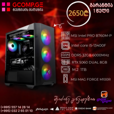პერსონალური კომპიუტერი CPU Intel Core i5-13400F MSI Intel PRO B760M-P, RTX 5060 DUAL 8GB, RTX 5060 DUAL 8GB, SSD M.2 1TB